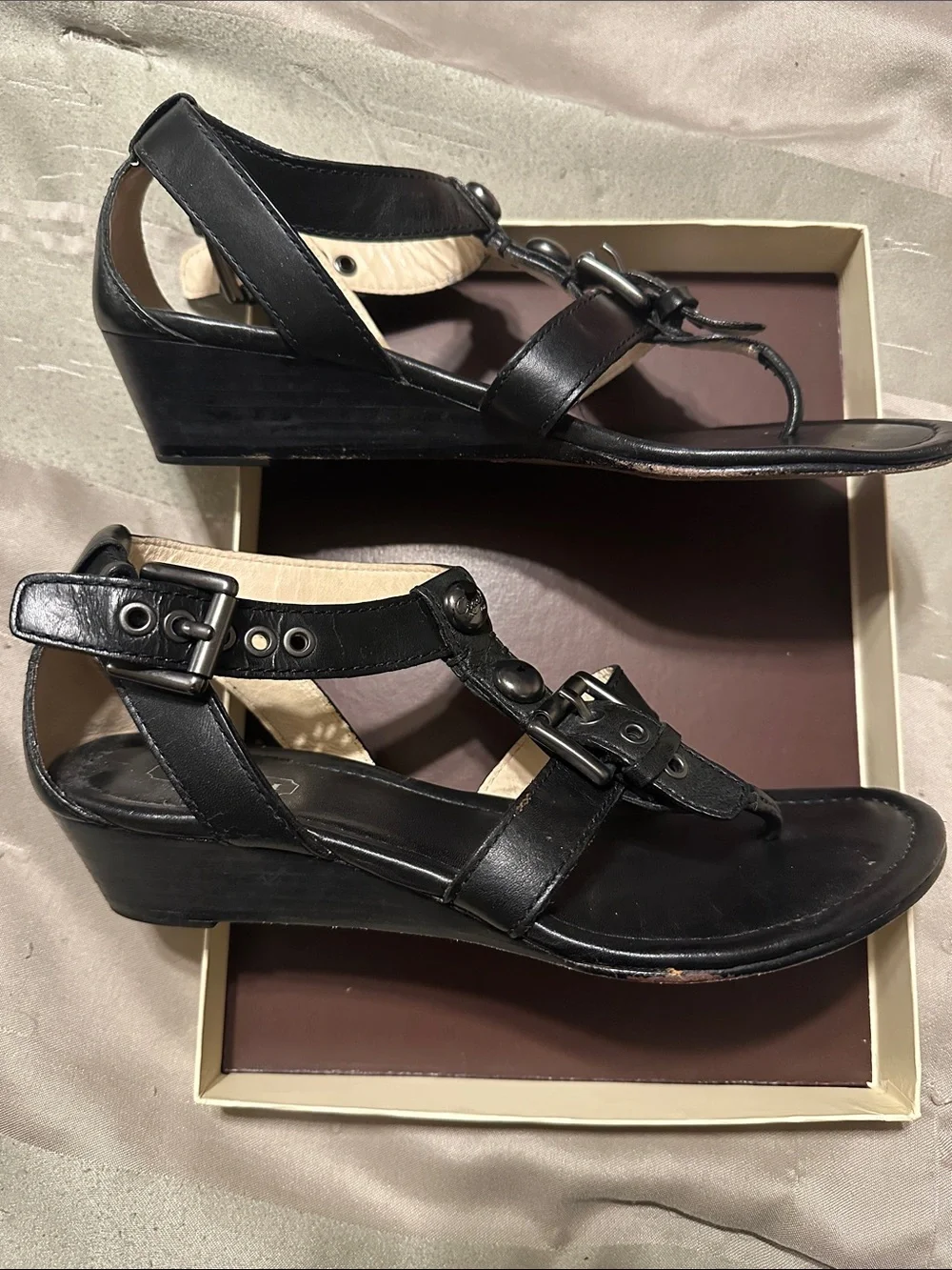 Coach Black Leather T-Strap Buckle Sandals